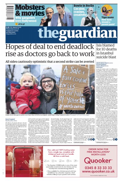The Guardian Newspaper Front Page (UK) for 13 January 2016
