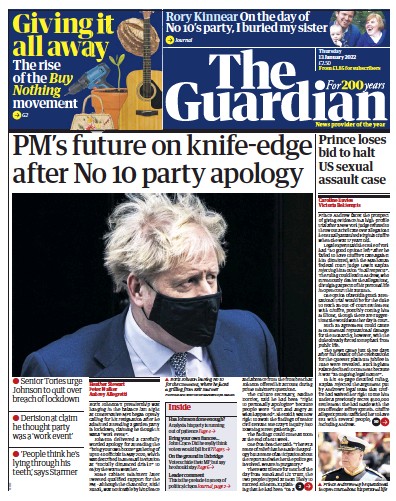 The Guardian Newspaper Front Page (UK) for 13 January 2022