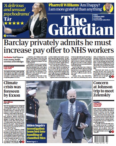 The Guardian Newspaper Front Page (UK) for 13 January 2023