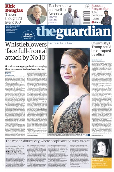 The Guardian Newspaper Front Page (UK) for 13 February 2017