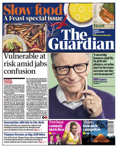 The Guardian Newspaper Front Page (UK) for 13 February 2021