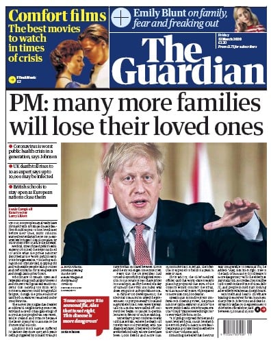 The Guardian Newspaper Front Page (UK) for 13 March 2020