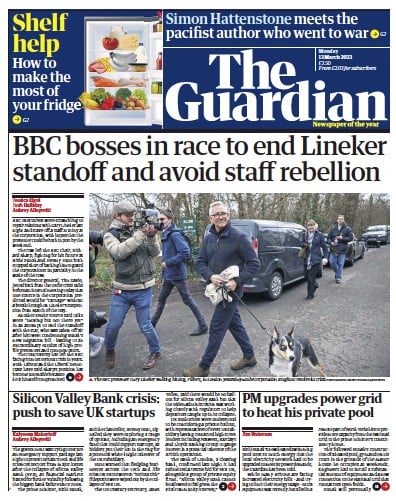 The Guardian Newspaper Front Page (UK) for 13 March 2023