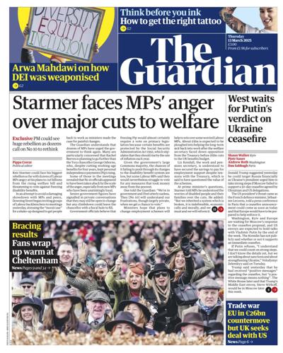 The Guardian Newspaper Front Page (UK) for 13 March 2025