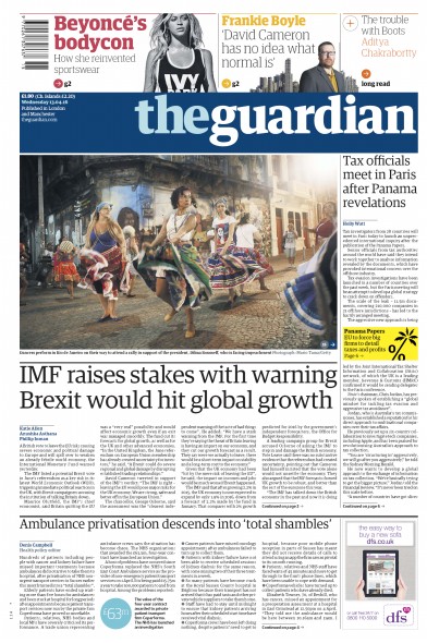 The Guardian Newspaper Front Page (UK) for 13 April 2016