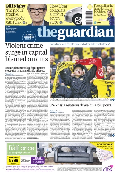 The Guardian Newspaper Front Page (UK) for 13 April 2017