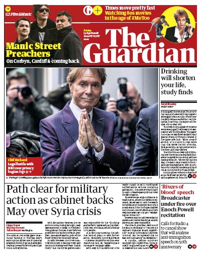 The Guardian Newspaper Front Page (UK) for 13 April 2018