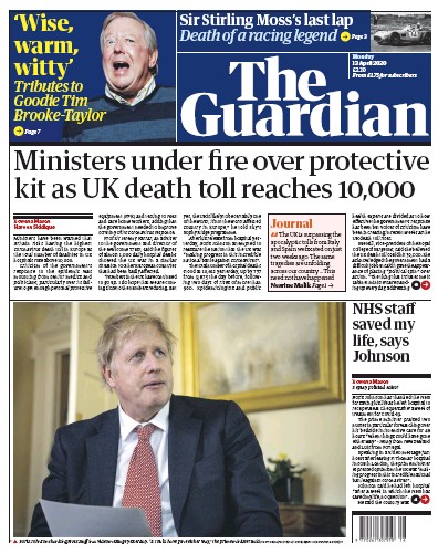 The Guardian Newspaper Front Page (UK) for 13 April 2020
