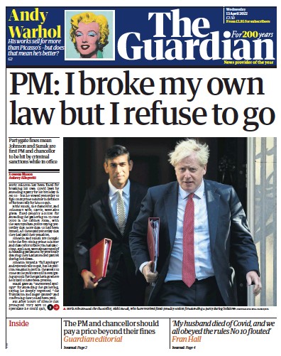 The Guardian Newspaper Front Page (UK) for 13 April 2022