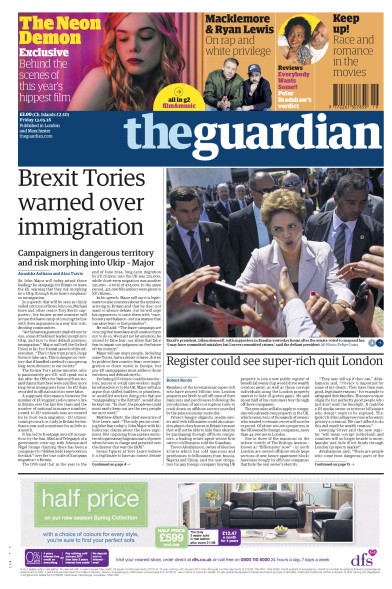 The Guardian Newspaper Front Page (UK) for 13 May 2016