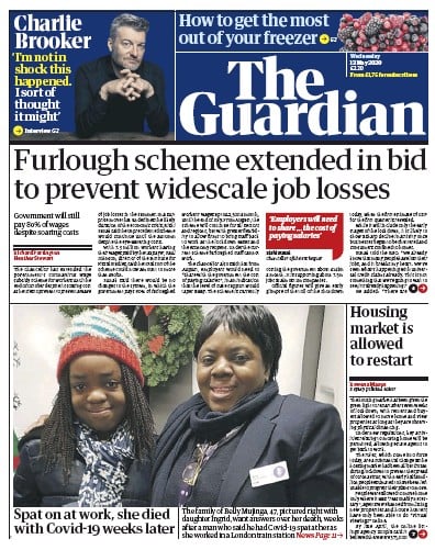 The Guardian Newspaper Front Page (UK) for 13 May 2020