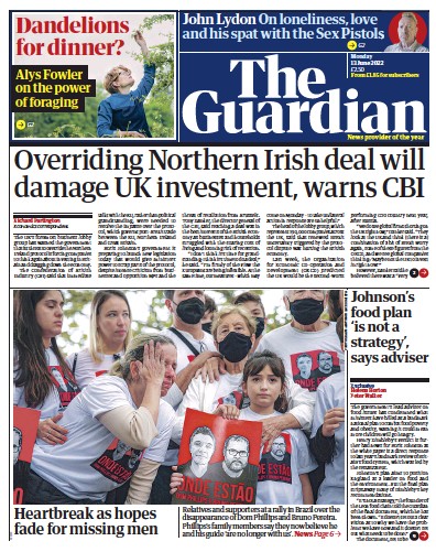 The Guardian Newspaper Front Page (UK) for 13 June 2022