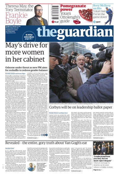 The Guardian Newspaper Front Page (UK) for 13 July 2016