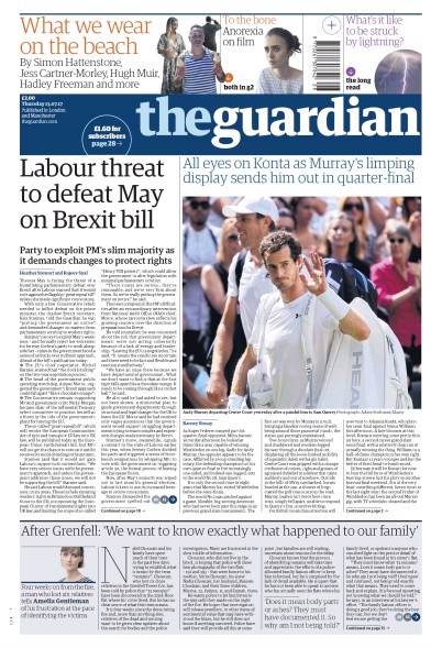 The Guardian Newspaper Front Page (UK) for 13 July 2017