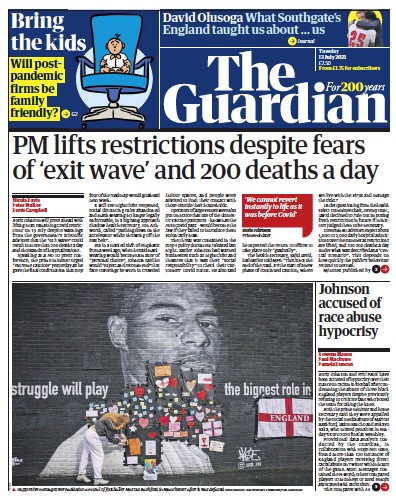 The Guardian Newspaper Front Page (UK) for 13 July 2021