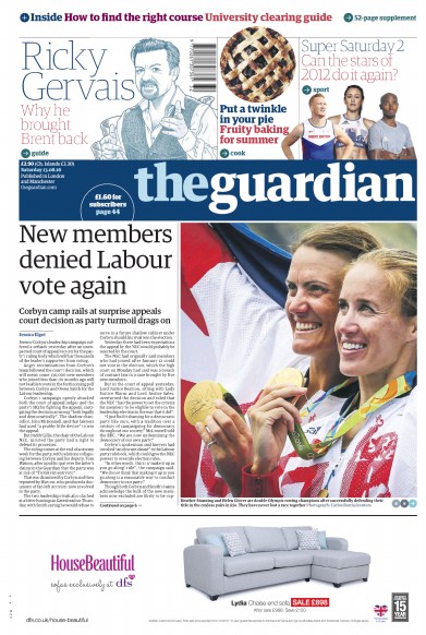 The Guardian Newspaper Front Page (UK) for 13 August 2016