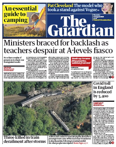 The Guardian Newspaper Front Page (UK) for 13 August 2020