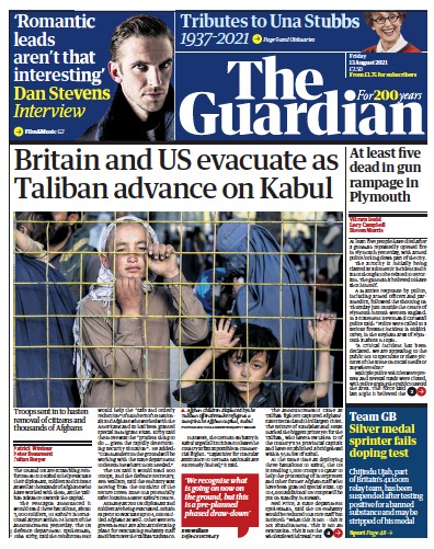 The Guardian Newspaper Front Page (UK) for 13 August 2021