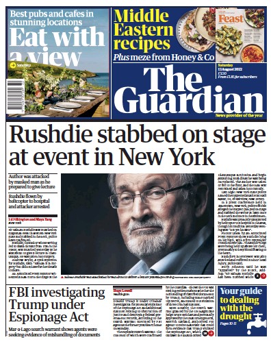 The Guardian Newspaper Front Page (UK) for 13 August 2022