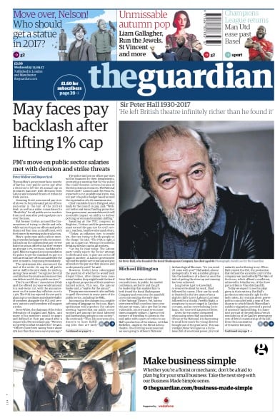 The Guardian Newspaper Front Page (UK) for 13 September 2017