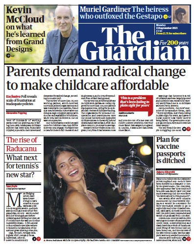 The Guardian Newspaper Front Page (UK) for 13 September 2021