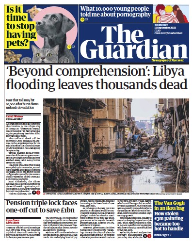 The Guardian Newspaper Front Page (UK) for 13 September 2023