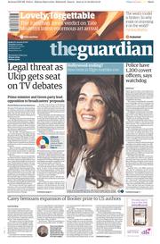 The Guardian Newspaper Front Page (UK) for 14 October 2014