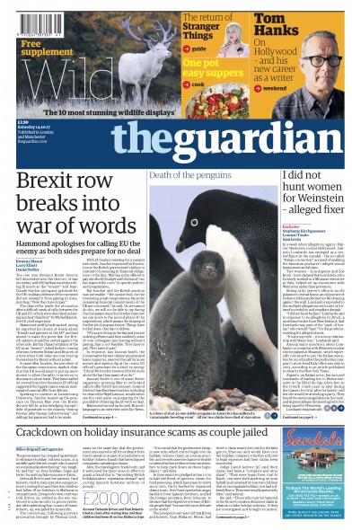 The Guardian Newspaper Front Page (UK) for 14 October 2017