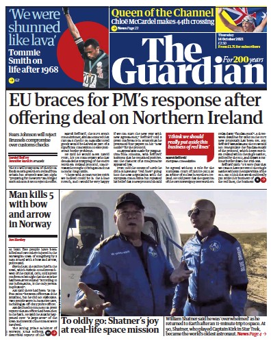 The Guardian Newspaper Front Page (UK) for 14 October 2021