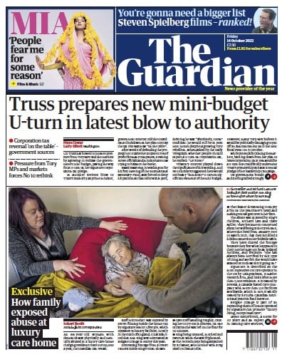 The Guardian Newspaper Front Page (UK) for 14 October 2022