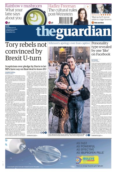 The Guardian Newspaper Front Page (UK) for 14 November 2017