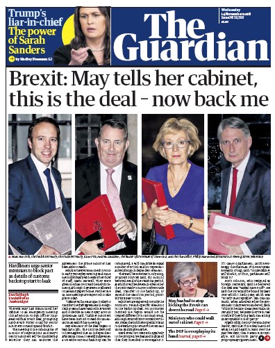 The Guardian Newspaper Front Page (UK) for 14 November 2018
