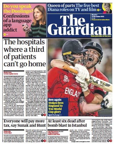 The Guardian Newspaper Front Page (UK) for 14 November 2022