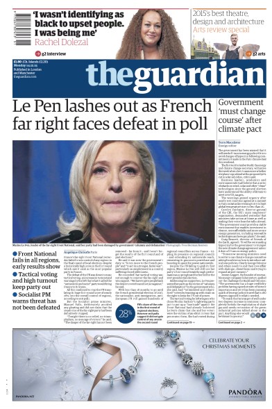 The Guardian Newspaper Front Page (UK) for 14 December 2015