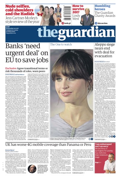 The Guardian Newspaper Front Page (UK) for 14 December 2016