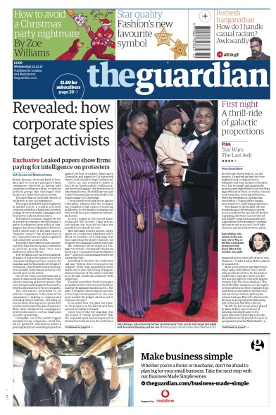 The Guardian Newspaper Front Page (UK) for 14 December 2017