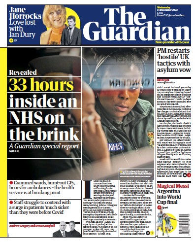 The Guardian Newspaper Front Page (UK) for 14 December 2022
