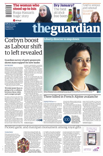 The Guardian Newspaper Front Page (UK) for 14 January 2016