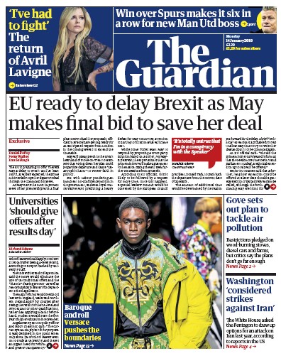 The Guardian Newspaper Front Page (UK) for 14 January 2019