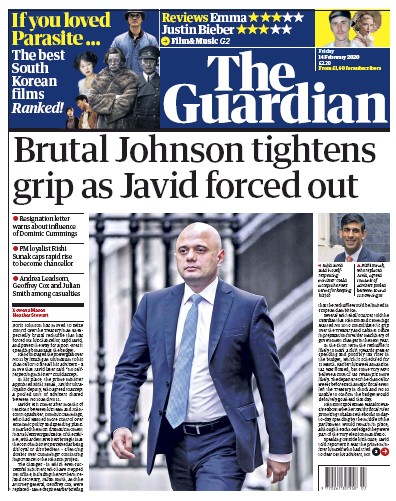 The Guardian Newspaper Front Page (UK) for 14 February 2020