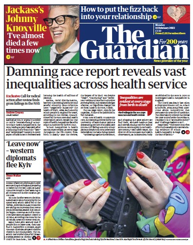 The Guardian Newspaper Front Page (UK) for 14 February 2022