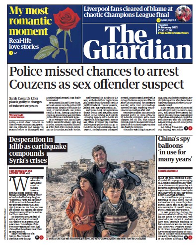 The Guardian Newspaper Front Page (UK) for 14 February 2023