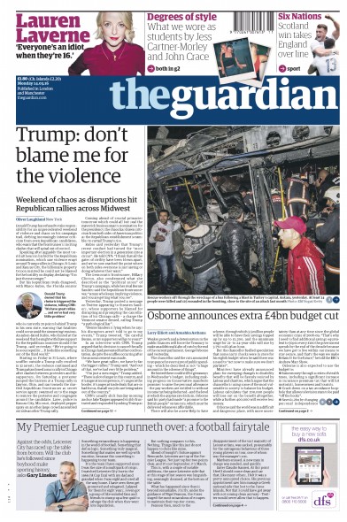 The Guardian Newspaper Front Page (UK) for 14 March 2016