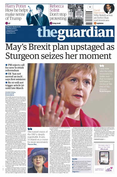 The Guardian Newspaper Front Page (UK) for 14 March 2017