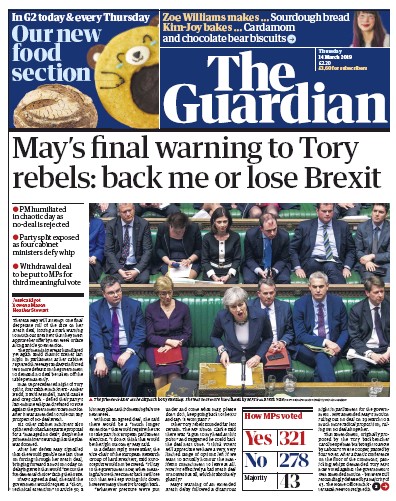 The Guardian Newspaper Front Page (UK) for 14 March 2019