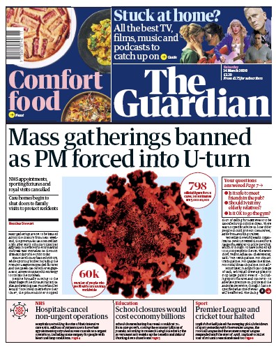 The Guardian Newspaper Front Page (UK) for 14 March 2020