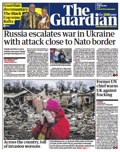The Guardian Newspaper Front Page (UK) for 14 March 2022