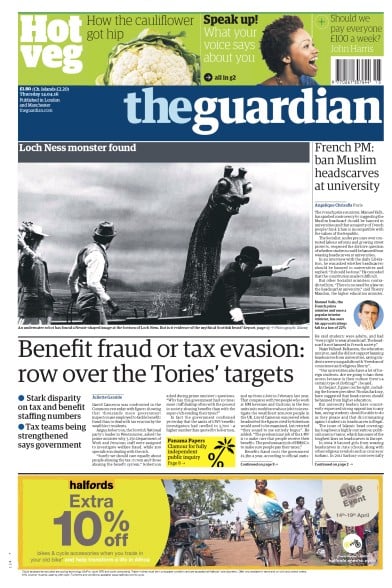The Guardian Newspaper Front Page (UK) for 14 April 2016