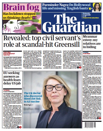 The Guardian Newspaper Front Page (UK) for 14 April 2021