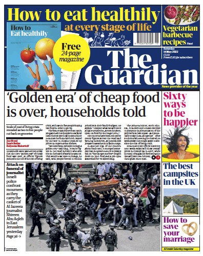 The Guardian Newspaper Front Page (UK) for 14 May 2022
